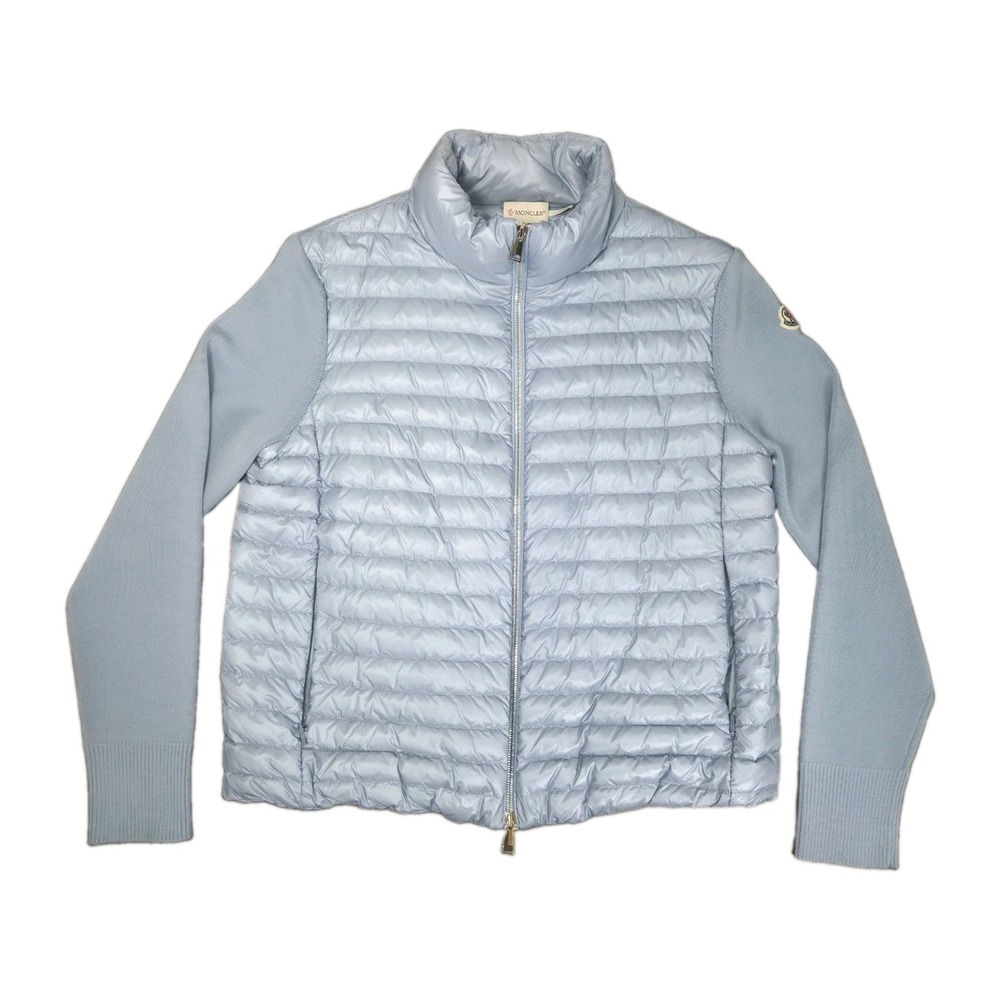 Moncler Womens Hybrid Down Knit Cardigan Jacket Blue Wool Puffer Sweater Size S